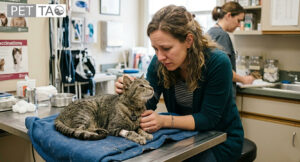 woman at the vet sharing her last moments with old cat woman at the vet sharing her last moments with old cat